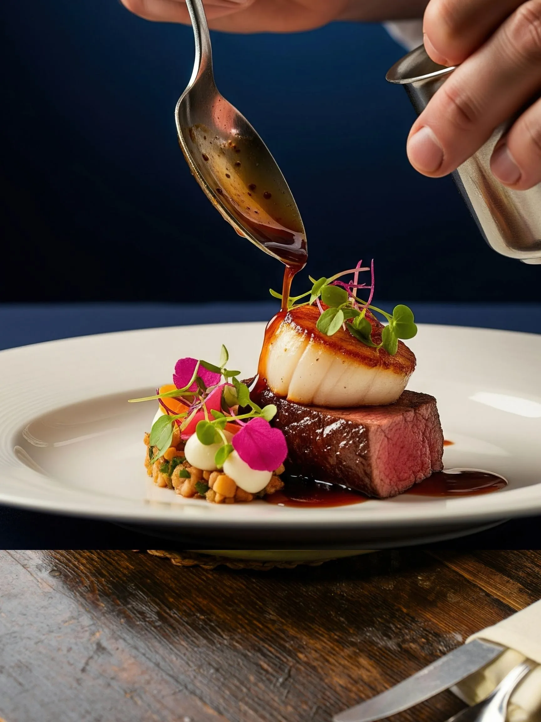 Private chef saucing seared scallop and filet for a luxury tasting menu
