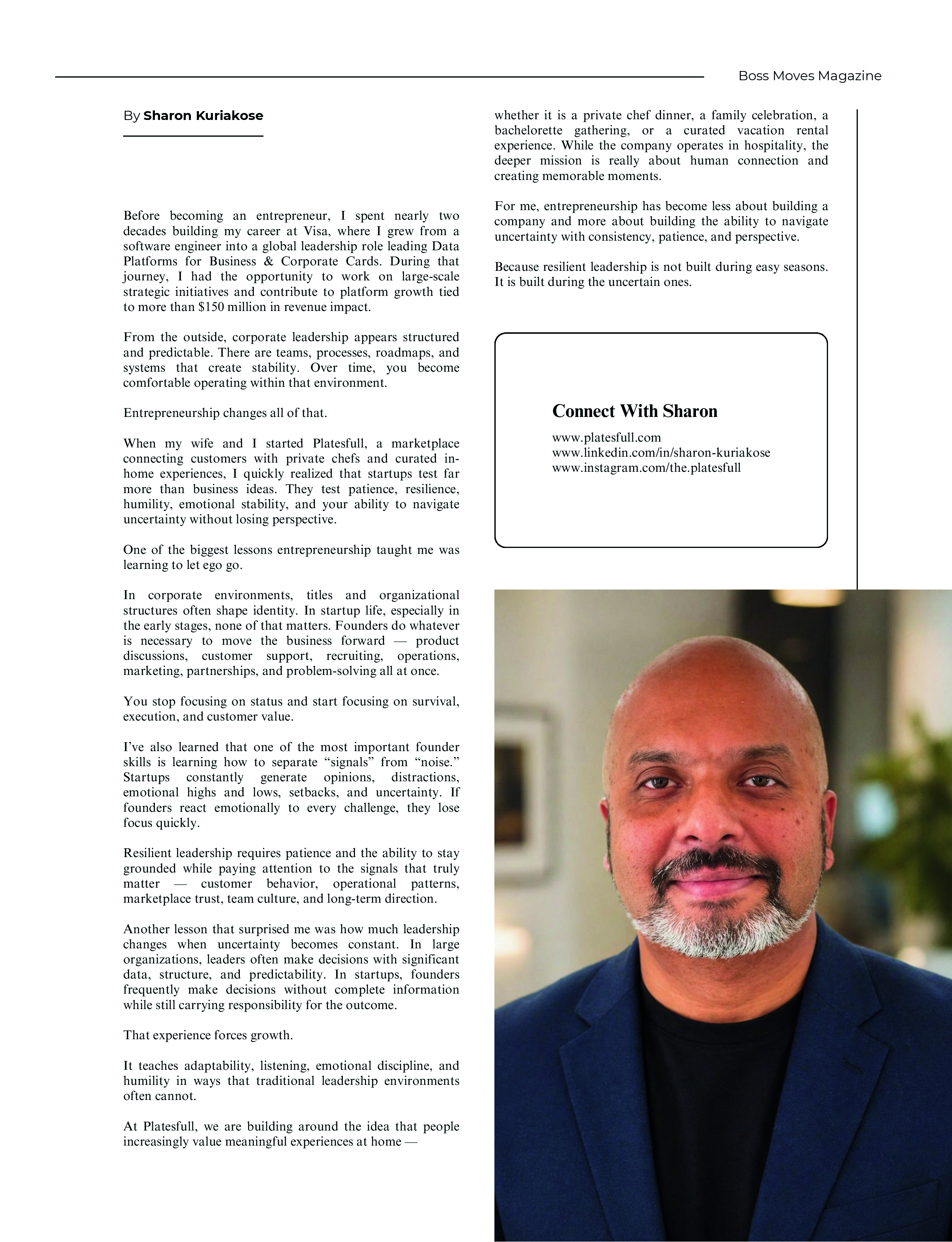 Boss Moves Magazine June 2026 article page 68 featuring Sharon Kuriakose