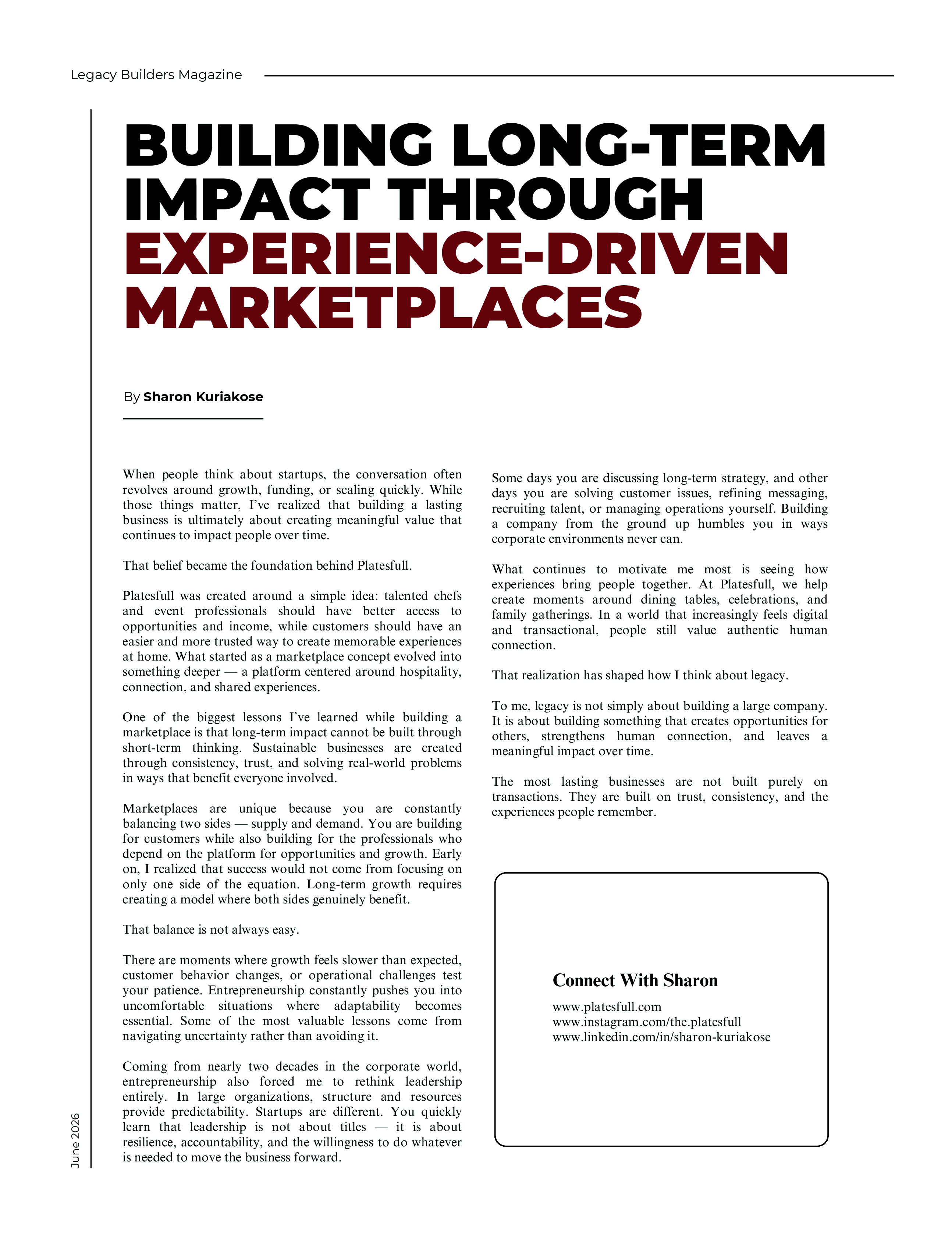 Legacy Builders Magazine article featuring Sharon Kuriakose